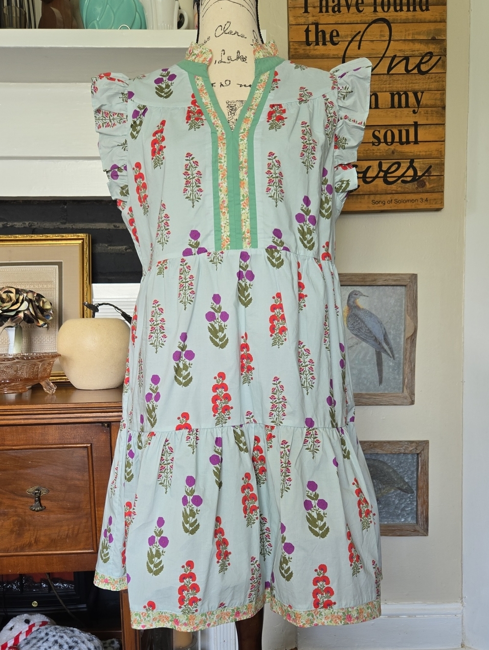 GiGio Floral Tiered Cotton Dress with Green Trim